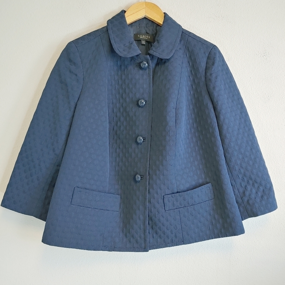 Talbots Blue Polka Dot Textured Cropped Jacket Plus Size 14WP Career Office